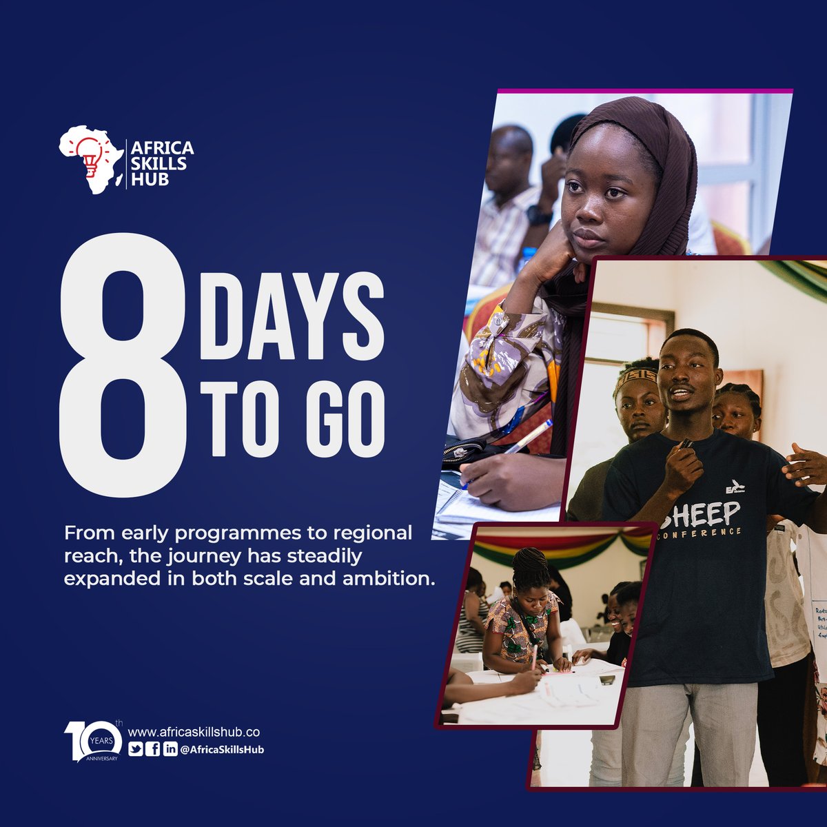 ASHAfrica_'s tweet photo. Behind every programme is a person.

From our earliest interventions to our expanding regional reach, the work of #AfricaSkillsHub has always been measured in people, not just programmes.

Over the years, the numbers have grown, the reach has expanded, and the impact has deepened, but the focus has remained the same: people.

As we approach our 10th anniversary, we continue to reflect on the journeys, progress, and possibilities that have shaped this story.

8 days to go. The countdown continues.

#AfricaSkillsHub #ASH #10thAnniversary #SkillsDevelopment #EnterpriseDevelopment #Africa #FutureOfWork #NextChapter #ComingSoon #WatchThisSpace