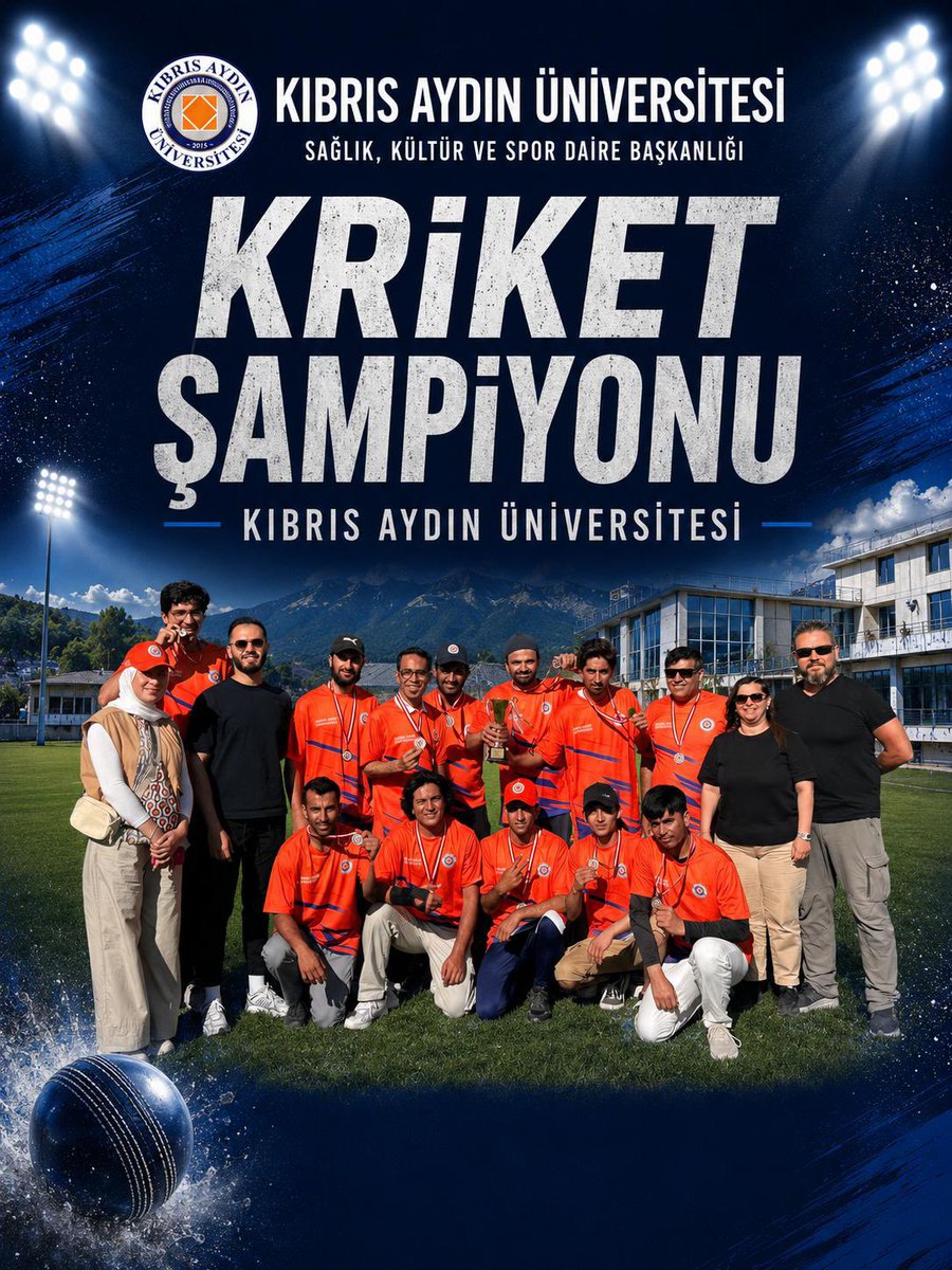 caucampus's tweet photo. Kıbrıs Aydın Üniversitesi kriket takımımız, azim, emek ve takım ruhunu sahaya yansıtarak şampiyonluğun sahibi oldu! Baştan sona büyük heyecana sahne olan mücadelede sporcularımız sergiledikleri başarılı performansla üniversitemizin adını zirveye taşıdı. Takımımızı yürekten kutluyor, başarılarla dolu yeni zaferlerin heyecanını şimdiden yaşamaya devam ediyoruz! 
***
Our Cyprus Aydın University cricket team became the champion by reflecting determination, hard work, and true team spirit on the field! In a competition filled with excitement from beginning to end, our athletes carried the name of our university to the top with their outstanding performance. We wholeheartedly congratulate our team and continue to look forward to many more victories and successes ahead!