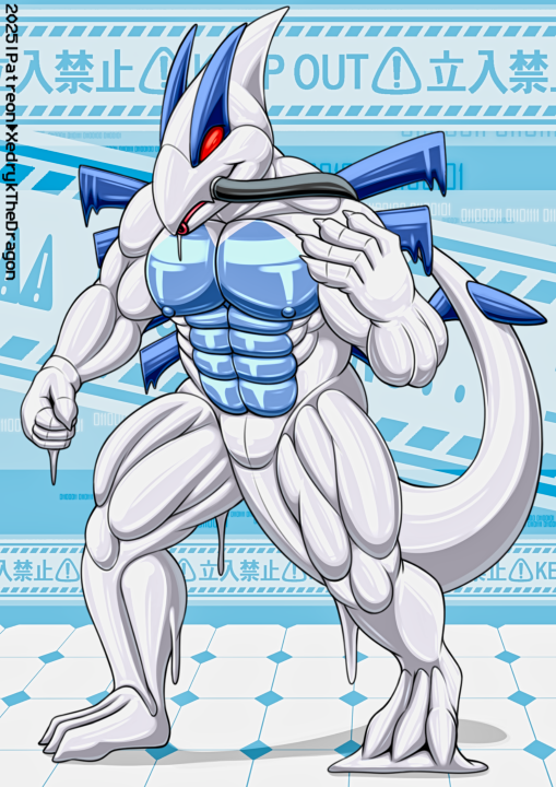 XedrykTheDragon's tweet photo. A red, shiny lock symbol gleamed on the null bulge at its groin, a mark of absolute chastity, ensuring no release, no climax, just endless, unfulfilled tension programmed into its core.
For @/yipsAgressively. https://t.co/T804dHsLZB