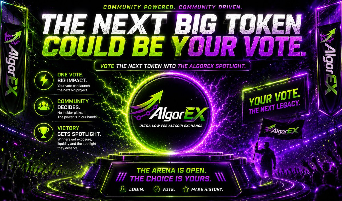 AlgorEXExchange's tweet photo. 🚨AlgorEX Listing Arena Applications Are OPEN🚨

Projects can now compete for a FREE AlgorEX TOKEN/USDT listing🔥

💚Community voting
💜Real competition
🚀Winner gets listed for FREE on AlgorEX

Apply now via Discord👇
https://t.co/3lT7i1I7UT

#cryptotrend #Crypto https://t.co/VD04UzZCfD