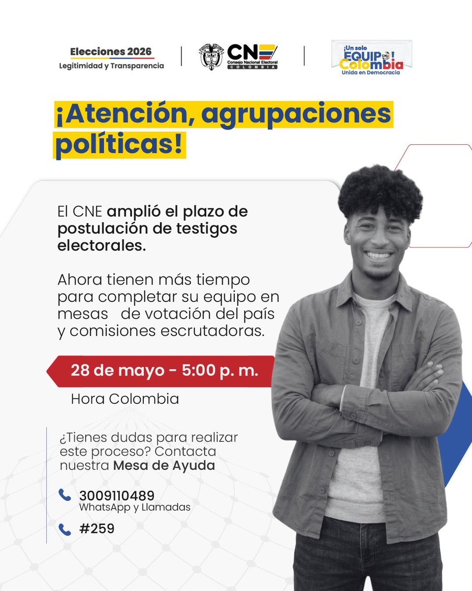 CNE_COLOMBIA's tweet photo. #CNEPresente | Ampliamos el plazo de postulación de testigos electorales hasta el jueves 28 de mayo a las 5:00 p. m. (hora colombiana) ⚽
¡El partido más importante es el 31 de mayo! Aún están a tiempo. 🇨🇴
Afianzamos la #LegitimidadYTransparencia junto a los actores electorales que ejercerán sus labores en los próximos comicios. 🗳️🇨🇴