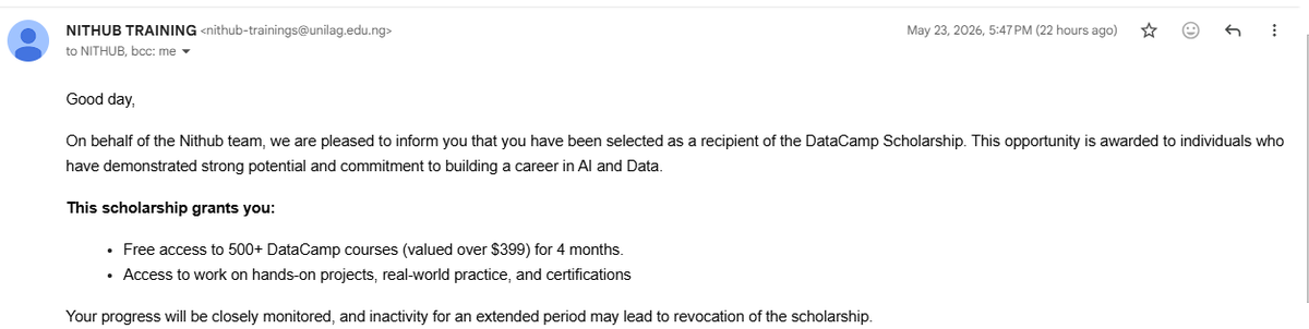 Tall_Analyst's tweet photo. Excited to share that I’ve been selected for the Nithub x DataCamp Scholarship Program! 🎉

Looking forward to improving my skills in Data Analytics.

Thank you @nithub_lag and @DataCamp for this opportunity! 🚀

#DataAnalytics #AI #DataScience #Nithub #DataCamp https://t.co/ecRbXPUcPQ