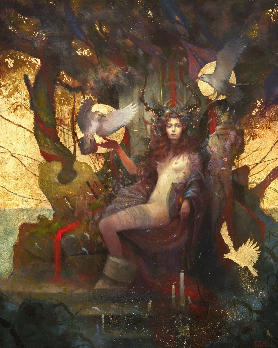 YLossel's tweet photo. Before the Labyrinth, I painted thresholds that smiled before closing.

The Morrigan

She invites. White birds. Purple silk like blood.  
You walk toward the goddess, past the flowers.
Later, you notice the red at your feet.

A door identical to your dream 
An exit that is a test https://t.co/82FVVjgTLZ