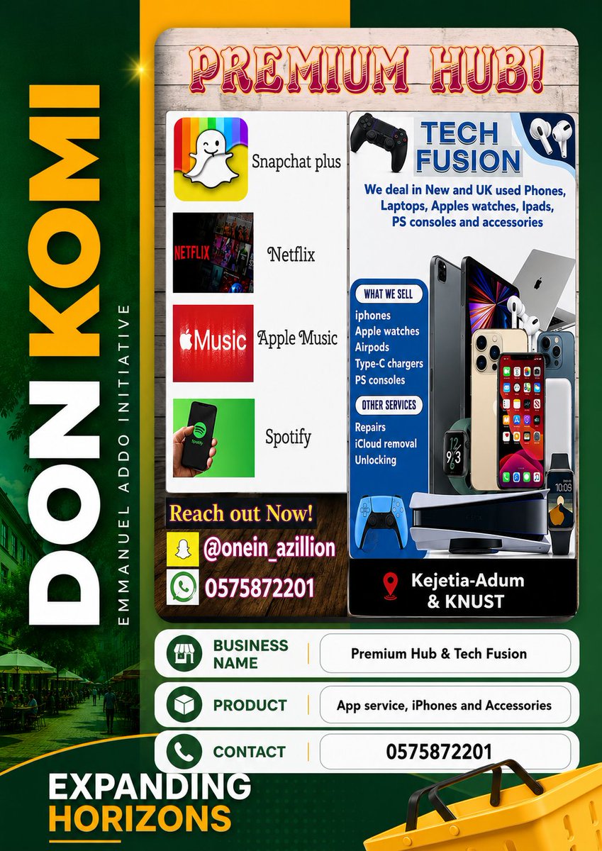 ClassicallyEpsi's tweet photo. Brand: PREMIUM HUB &amp; TECH FUSION
Contact: 0575872201
Product: App service, iPhones and Accessories 

DON KOMI 🛍🛒
...where your business gets seen, grows &amp; thrives! https://t.co/AQYrI3j1Wm