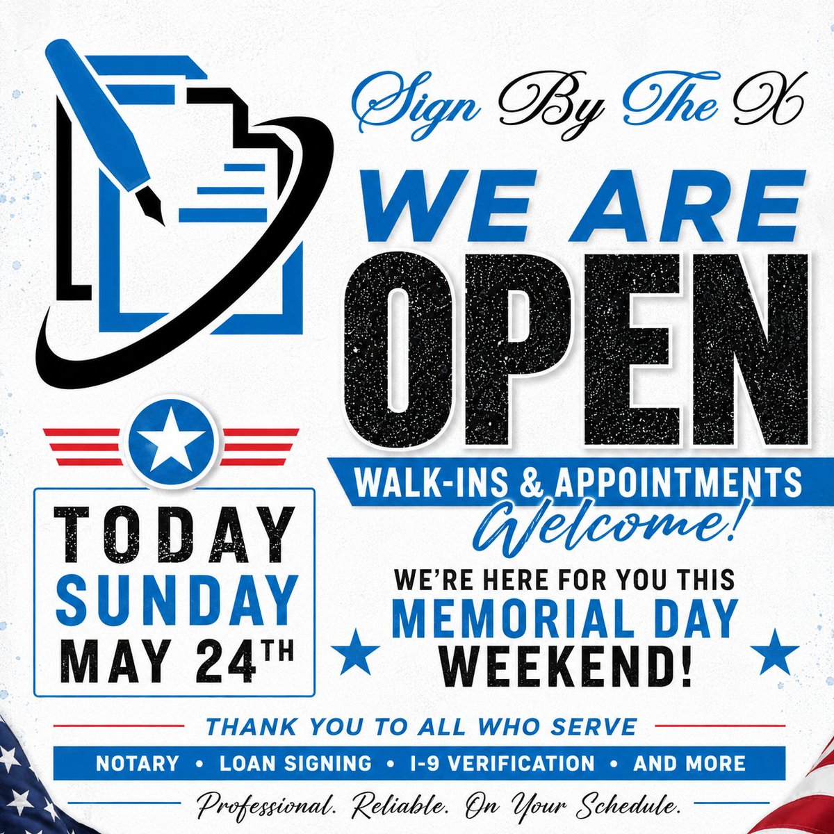 SignByTheX's tweet photo. 🇺🇸 WE’RE OPEN TODAY 🇺🇸

Walk-ins &amp; appointments welcome at Sign By The X this Sunday, May 24th!

Need notary, apostille, fingerprinting, or I-9 services before Memorial Day? We got you ✔️

📍 Richmond, VA
📞 (804) 404-8480

#RichmondVA #NotaryNearMe #MemorialDayWeekend #SignByThe https://t.co/H2z6YtKgqS