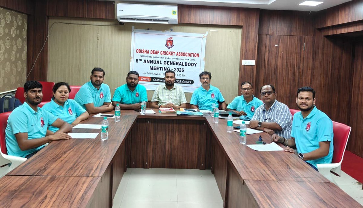 official_odca's tweet photo. ODISHA DEAF CRICKET ASSOCIATION (ODCA)

The 6th Annual General Body Meeting – 2026 of the Odisha Deaf Cricket Association was successfully held at the Conference Hall of OCA, Cuttack under the leadership of Sagarkanta Senapati, General Secretary of Odisha Deaf Cricket Association.

The meeting focused on the future development of Deaf cricket in Odisha, including budget planning, CSR support, player development, and strengthening the association for future growth. Several important decisions were taken to create more opportunities for deaf cricketers and to promote the continued growth and development of Deaf cricket at the state and national levels.

Members Present:-

Jyoti Ranjan Behera – President, ODCA
Priya Ranjan Sahu – Vice President, ODCA
Rajiv Mohanty – Treasurer, ODCA Apex Council
Deepak Kumar Pati – Executive Member
Susanta Kumar Dash – Executive Member
Sanjeeb Kumar Malla – Executive Member
Biswajit Hota – Executive Member
Swagatika Gouda – Women Executive Member

The meeting concluded successfully with a shared commitment towards unity, transparency, player welfare, and the bright future of Deaf cricket in Odisha.

#ODCA #IDCA #AGM2026 #DeafLeadership #Barabati 
#Cuttack #Future
