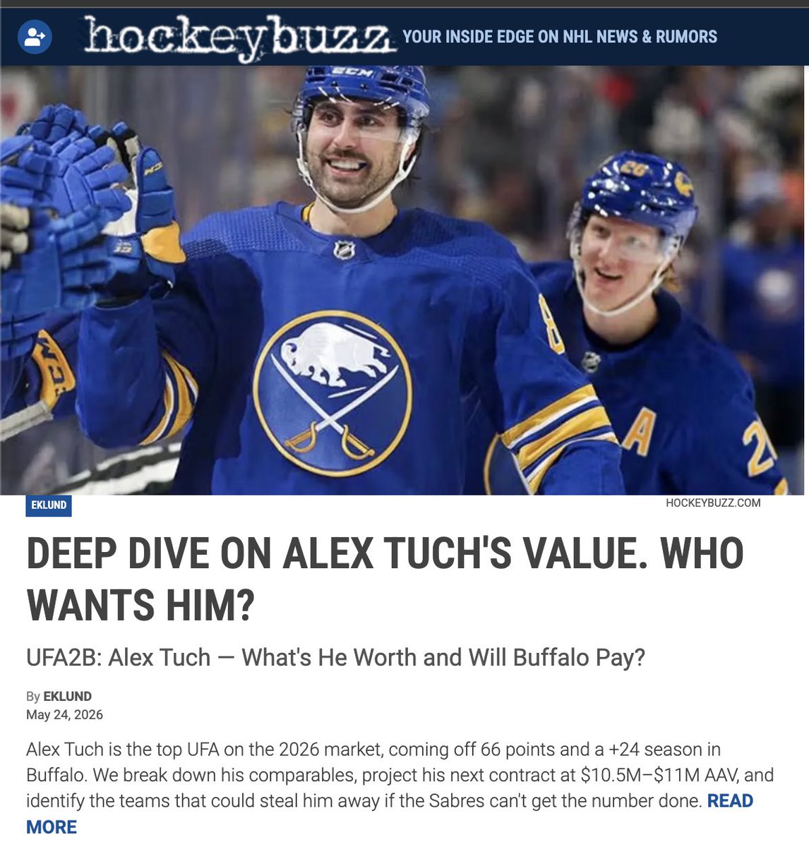 Eklund's tweet photo. New Post Up> https://t.co/sEj2C4p73J
UFA2B: Alex Tuch : 66 pts. +24.
One of the top UFAs, but can Buffalo really keep him?
I break down his contract comparables, project his next deal, and name the teams ready to pounce if the Sabres can't get it done. #AlexTuch #LetsGoBuffalo #Sabres #NHL #NHLFreeAgency #UFA2B #NHLRumors