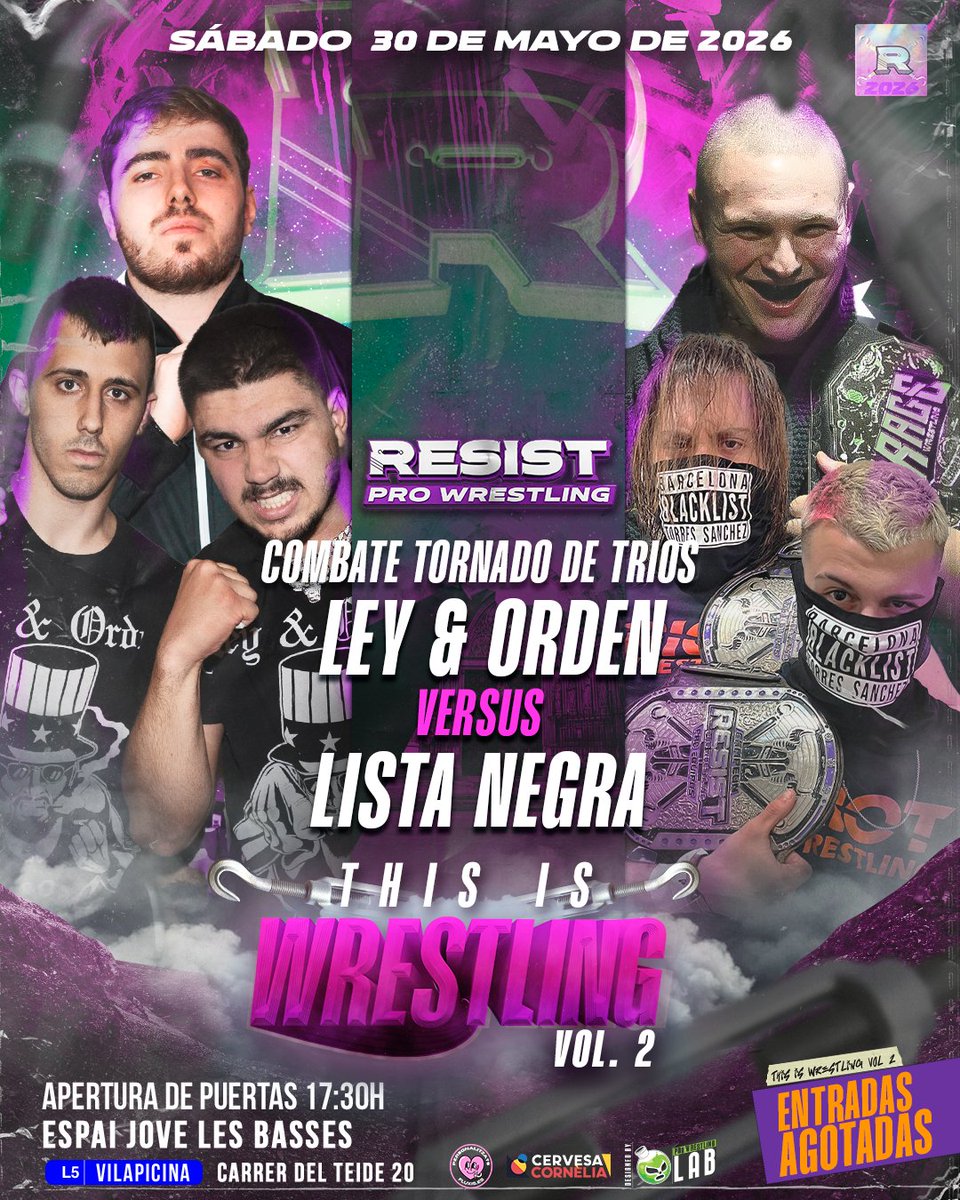 ResistPW's tweet photo. 🤼‍♂️ RESIST: THIS IS WRESTLING vol.2 🤼‍♂️

⛓️ LEY & ORDEN 🆚 LISTA NEGRA 📓

🎟️ ¡Entradas online AGOTADAS! Quedan MUY POCAS plazas disponibles solo para los primeros en llegar el día del show 🫣

🗓️ 30 de Mayo de 2026
📍 Espai Jove Les Basses (C/ del Teide, 20) | L5 - Vilapicina 
🚪 Apertura de puertas 17:30
🤼‍♂️ Inicio de show 18:00