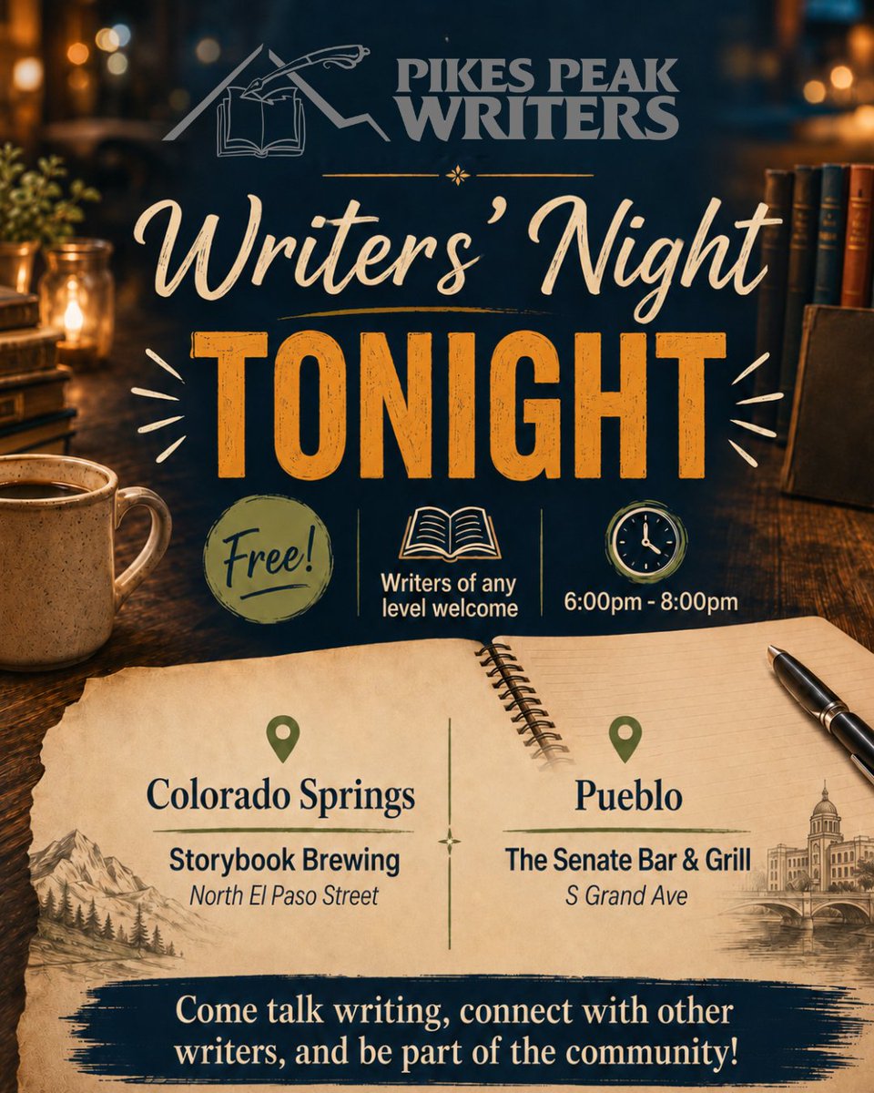 PikesPeakWrite's tweet photo. Don't forget to join us tonight for Writers’ Night from 6–8pm. Come talk writing, share ideas, celebrate wins, ask questions, and connect with fellow writers in Colorado Springs or Pueblo. 
#PikesPeakWriters #WritersNight #ColoradoWriters #WritingCommunity #AmWriting https://t.co/bDesFNP3bq