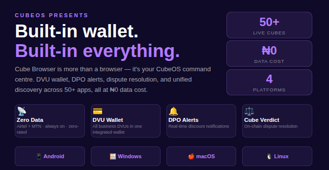 cubeoss's tweet photo. Chrome browses the internet.
Safari browses the internet.

Cube Browser browses Cubes. 🧊🔥

50+ on-chain apps. ₦0 data via Airtel + MTN. Built-in DVU wallet. Real-time alerts. On-chain disputes.

The next browser is here.
https://t.co/ImkXe8RsKs

#CubeBrowser #CubeOS  #Africa https://t.co/RBvB8iQSQN