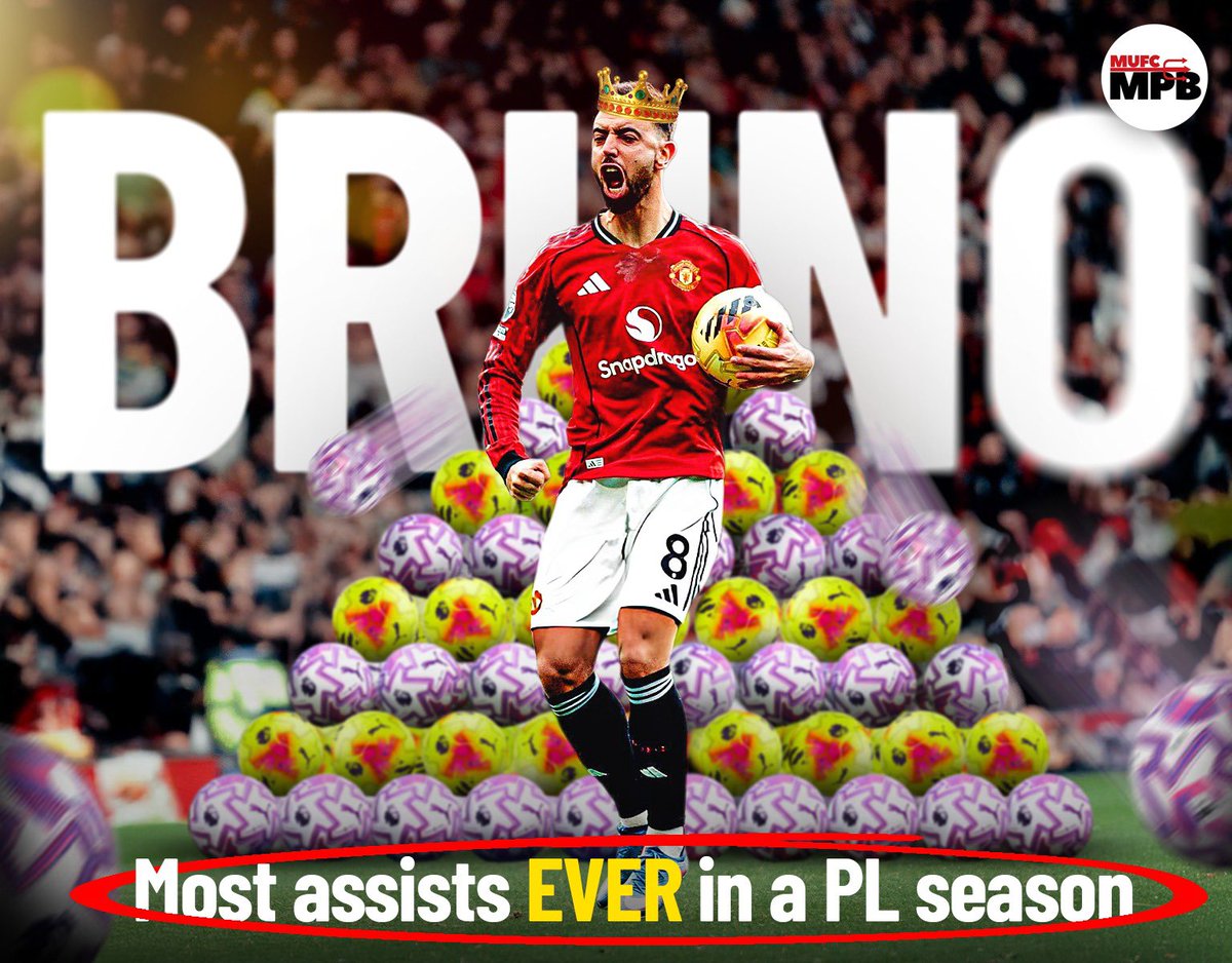 mufcMPB's tweet photo. 🚨🚨🚨 OFFICIAL!!!

BRUNO FERNANDES HAS BROKEN THE RECORD FOR THE MOST ASSISTS IN A PREMIER LEAGUE SEASON!!!!!! 🤯🤯🤯

HE HITS 21 ASSISTS &amp; SMASHES THIERRY HENRY &amp; KEVIN DE BRUYNE’S RECORD!!!!!! 👑 https://t.co/s6bINprPXD