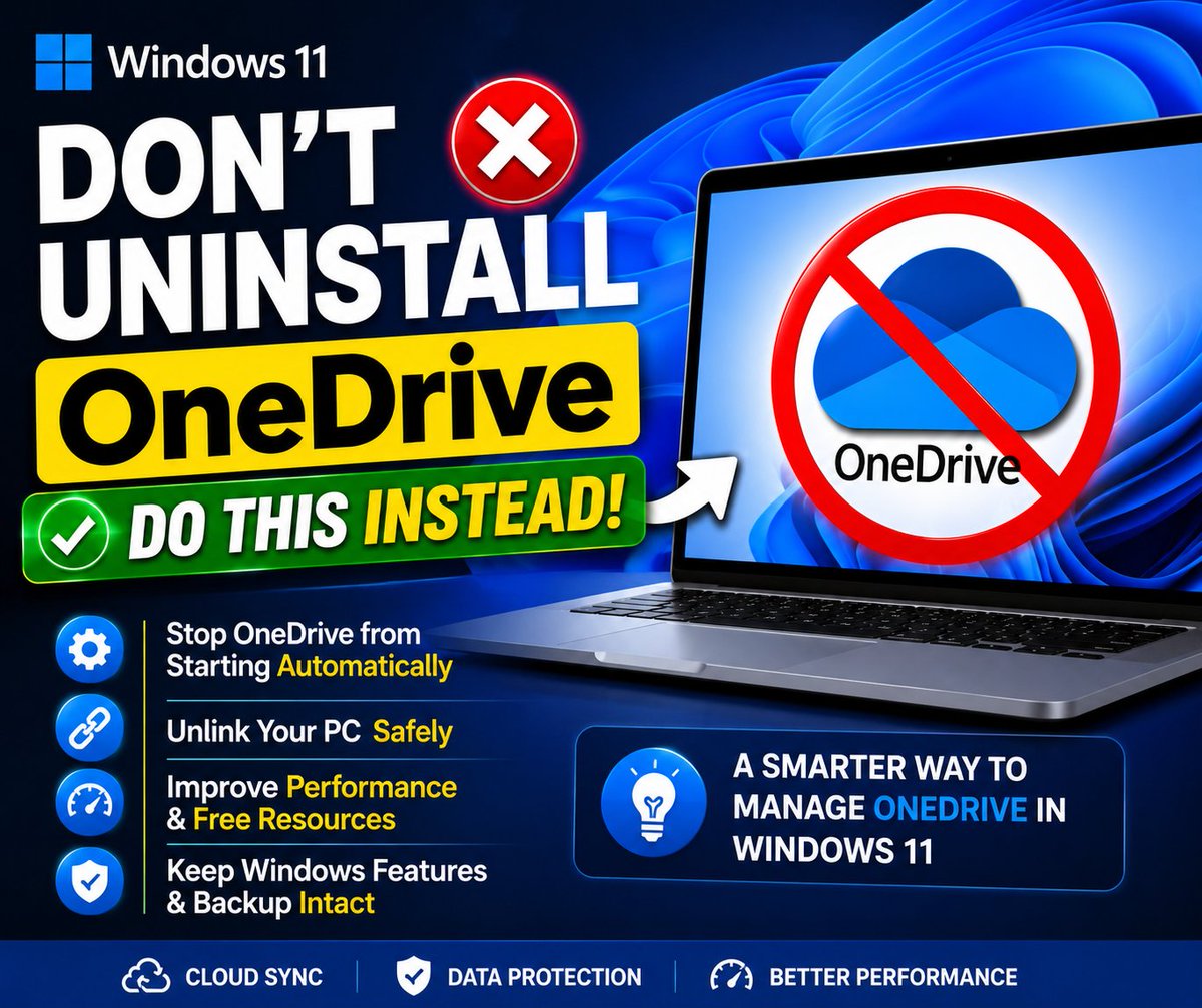Edutechtree's tweet photo. ❌ Don’t uninstall OneDrive in Windows 11 the wrong way!

Most users break sync, backup, or cloud features without realizing it.

Here’s the smarter way to disable OneDrive safely while improving Windows 11 performance 🚀

#Windows11 #OneDrive #Microsoft #TechTips https://t.co/U3PMZnsl8a