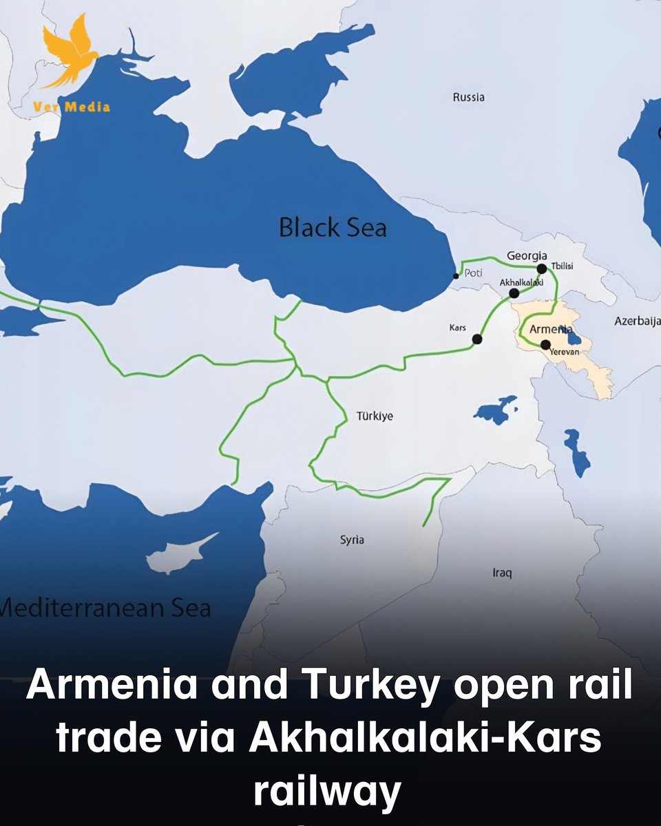 vermedianetwork's tweet photo. Armenias PM Pashinyan announced that the railway route going from Armenia to Turkey via Georgia is now open for cargo trade to and from Armenia.

The railway going from Akhalkalaki to Kars and to other parts of Turkey and Syria can be used by businesses to import and export goods, helping further develop Armenias economy.

“I am pleased to announce that the Akhalkalak-Kars railway, like the Azerbaijani railway, is now open for exports from Armenia and imports to Armenia. This is a major event in our country’s economic life,” Pashinyan wrote.

Armenia and Turkey are also discussing restoring the Gyumri-Kars railway which will allow direct imports and export of goods to and from each country without having to go through Georgia.

Pashinyan also said railway links between Armenia and Turkey, Armenia and Azerbaijan, and the Armenia-Iran connection through Nakhijevan are also expected to open in the near future.
According to Pashinyan, these developments are expected to materialize through the implementation of the TRIPP project, which he said will further expand regional transport connectivity and integration.