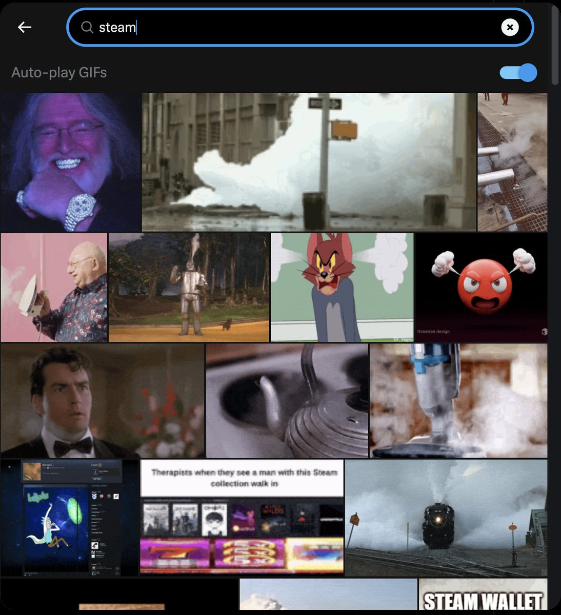 DanielGriff's tweet photo. @Deck_Ready If you use the gif search on Twitter and search "steam" it's literally the second gif too. https://t.co/87kHWzqSFh
