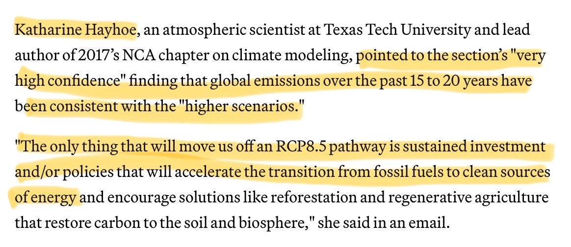 RogerPielkeJr's tweet photo. What leaders of 2017 US Nat Climate Ass said of RCP 8.5 after numerous peer-reviewed papers showed it to be implausible 

L (2019) K Hayhoe lead author on climate models, scenarios & projections

R (2020) D Wuebbles co-lead of 2017 US NCA

KH blocked me on Twitter for engaging her on this