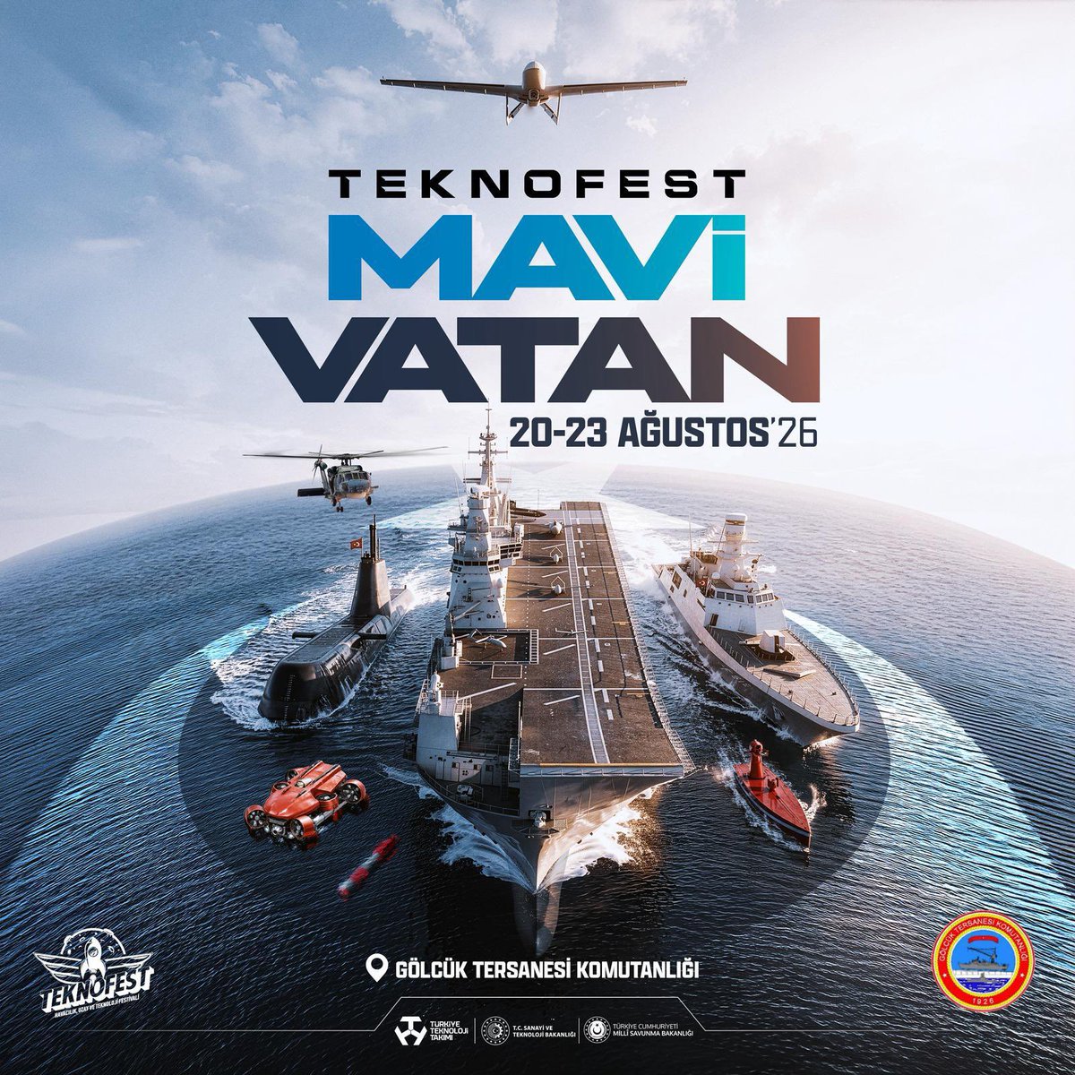 yeeorgtr's tweet photo. 🚀 Teknolojinin rotası bu yıl da Mavi Vatan’da!

20–23 Ağustos 2026 tarihlerinde, Gölcük Tersanesi Komutanlığı’nda düzenlenecek #TEKNOFEST Mavi Vatan’da teknoloji ve inovasyon tutkunları bir araya geliyor. ⚓️🌊

#MaviVatan #YunusEmreEnstitüsü https://t.co/yWS8uOSARN