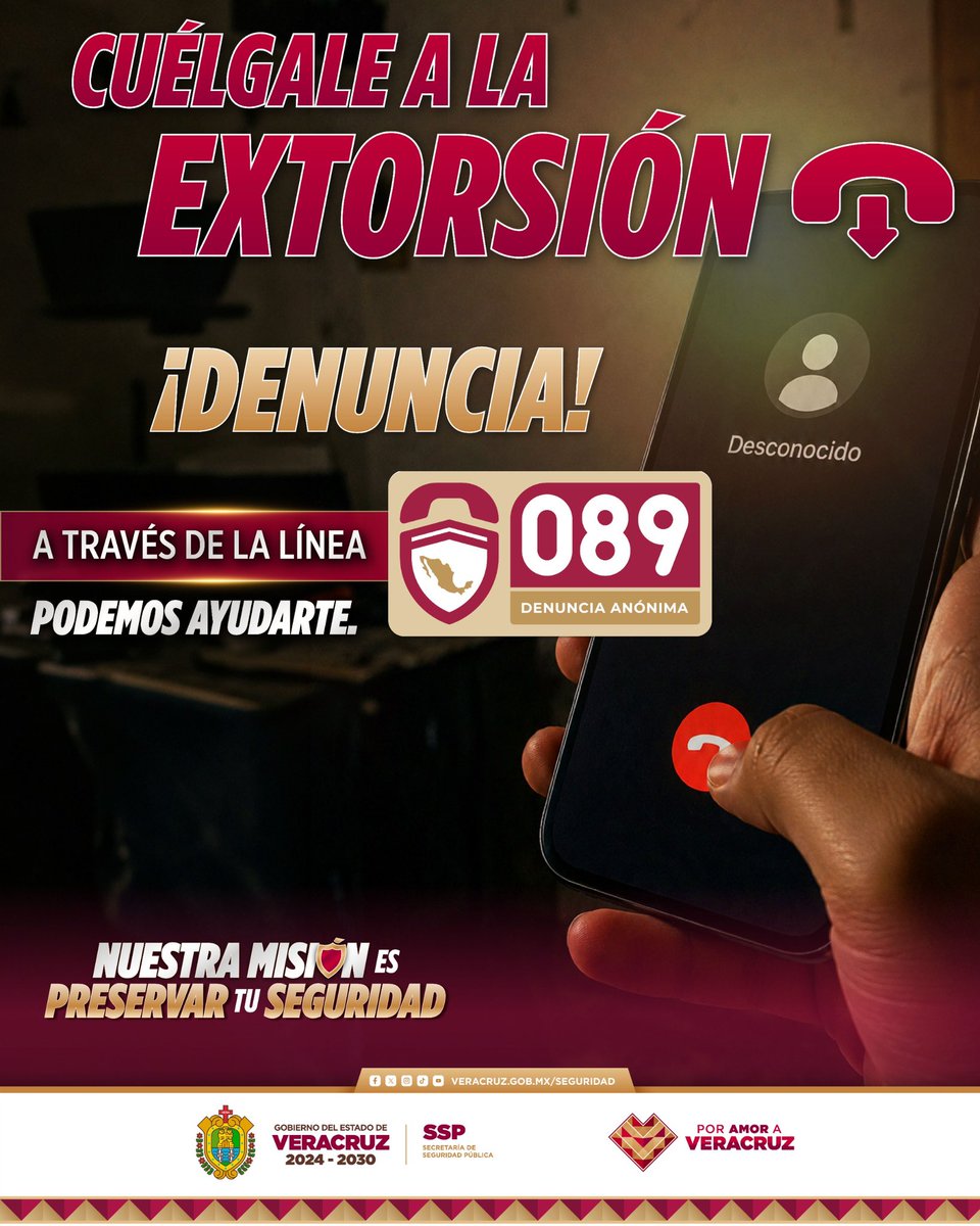 SP_Veracruz's tweet photo. #QueNoSeTePase 🚨 denunciar de forma anónima a través de la línea 0️⃣8️⃣9️⃣.

Si eres VÍCTIMA de EXTORSIÓN no dejes que trascienda o que a otras personas les pase: ¡DENUNCIA!🫱🏼‍🫲🏾👮🏽‍♂️ https://t.co/Jp3ddTz4Sa