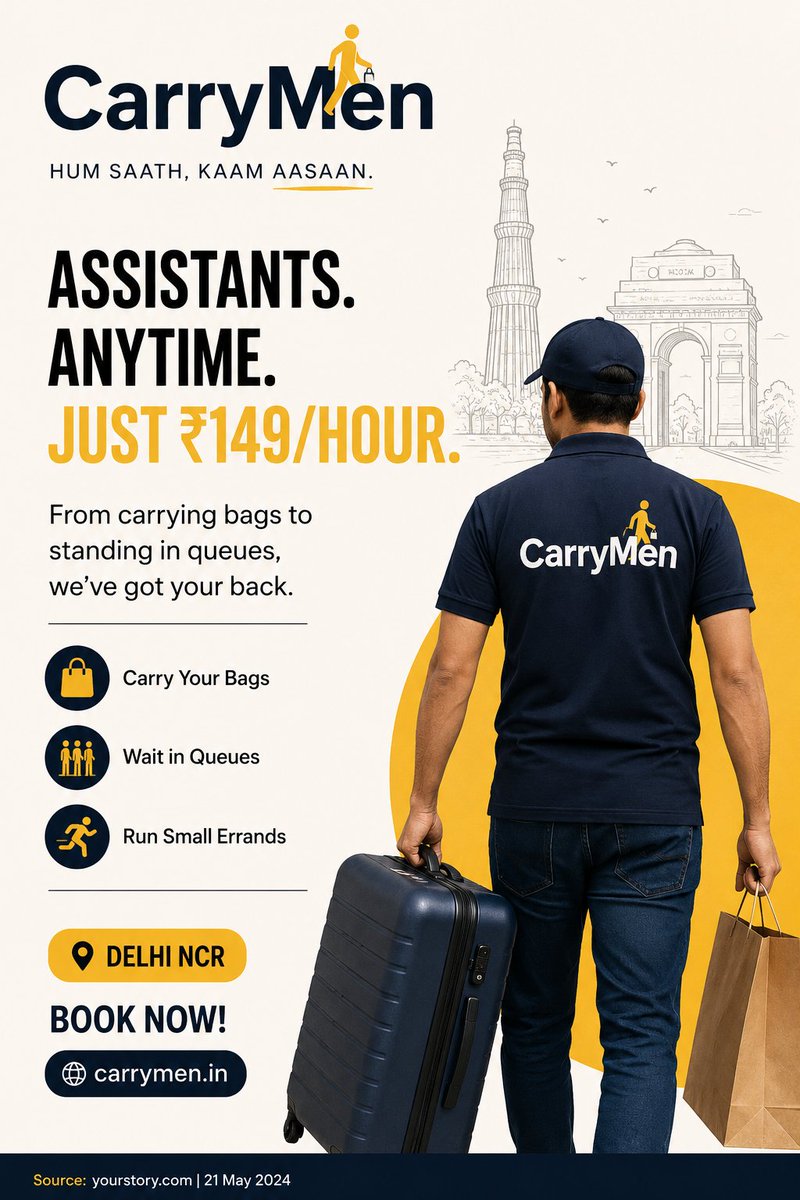 Rahul_Rahi_'s tweet photo. A Delhi startup, CarryMen, is offering assistants for just ₹149/hour, to carry your bags, stand in queues, and run small errands. Urban convenience is getting wild.
#CarryMen https://t.co/jWVB0uB4jo
