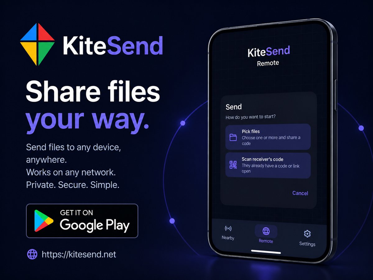 kitesend's tweet photo. KiteSend turns your phone and browser into a private file-transfer lane: no account, no cloud storage, encrypted P2P, LAN or WAN. 

Web: https://t.co/iU4Pq4R7SL 
Android: https://t.co/n4dyINSx1b

#FileTransfer #FreeApps https://t.co/u6zH11XARZ