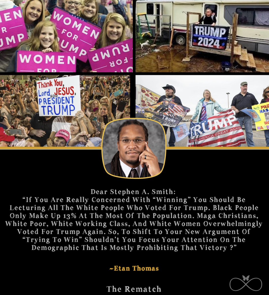 etanthomas36's tweet photo. #StephenASmith If you are really concerned with “winning” you should be lecturing all the white people who voted for Trump. We only make up 13% of the population. MAGA Christians, white poor, working class, white women, you should be lecturing them not us
https://t.co/PmH4AZHXMt https://t.co/mS2fjTSGsN