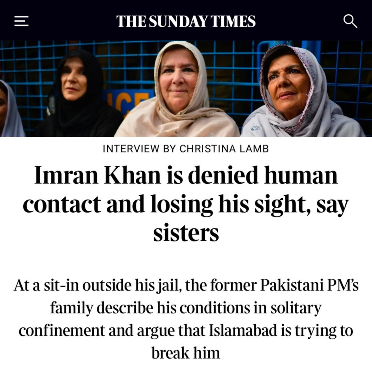 PTIOfficialUSA's tweet photo. “The three sisters not only believe that authorities are trying to break him through isolation — and even blinding him — to accept a deal to quit politics, but also fear for his life.”

Detailed interview of Imran Khan's sisters by @christinalamb for The Sunday Times.

#ReleaseKhanSaveHisHealth
 https://t.co/a5T3IFzTe9
