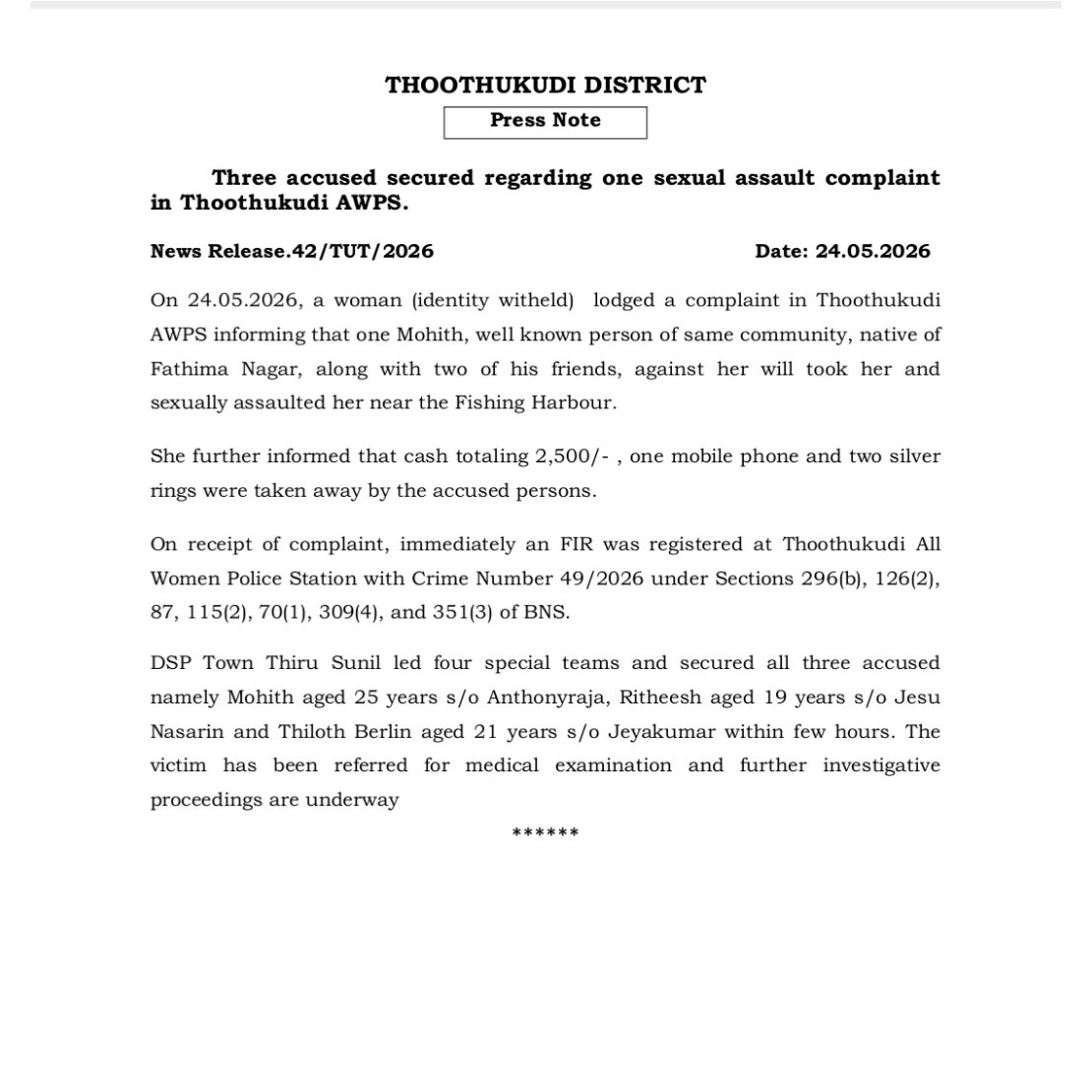 TUTICORINPOLICE's tweet photo. Thoothukudi District: 24.05.2026

Three accused secured regarding one sexual assault complaint in Thoothukudi AWPS.

@tnpoliceoffl 
@SouthZoneTNpol https://t.co/KTz7fHiJaD