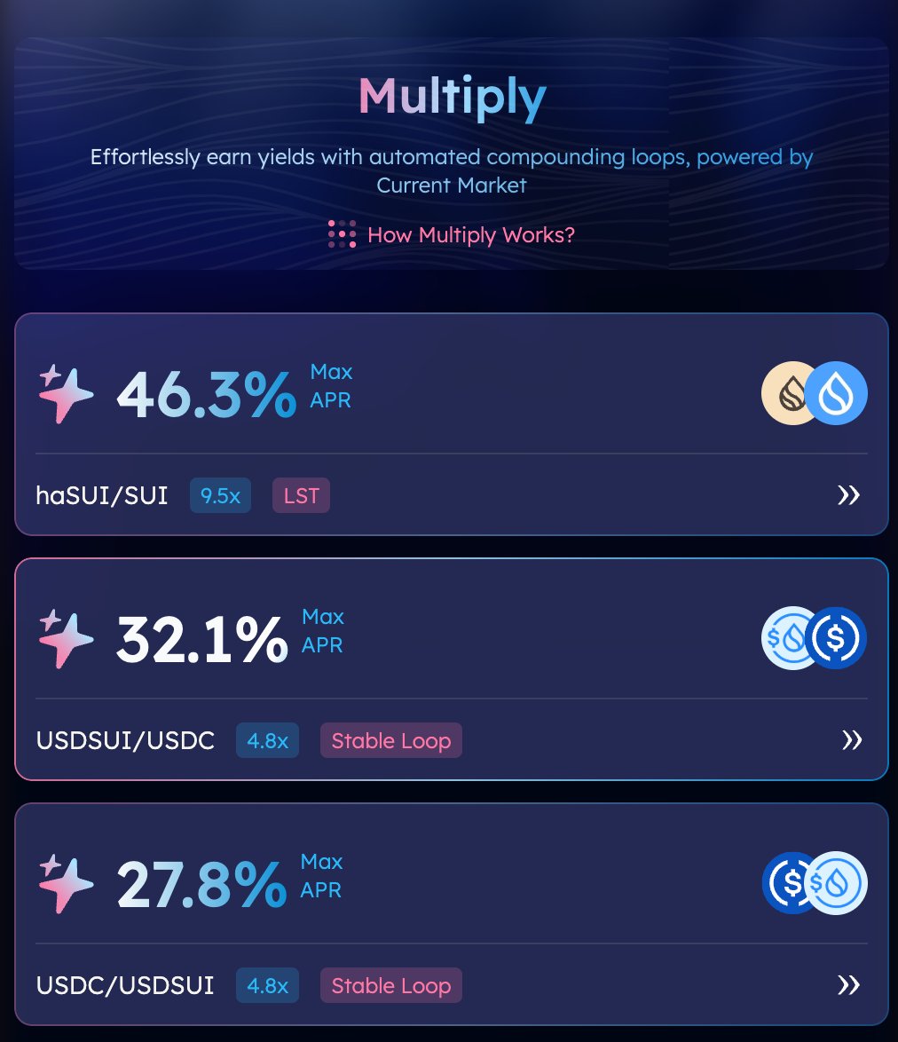 CurrentSUI's tweet photo. It is probably late somewhere, but never too late for 20,30, 40%+ APR with Current Multiply. 

$USDC - $USDsui 27.8% APR
$USDsui - $USDC 32.1% APR
$haSUI - $SUI 46.3% APR

Stable loop, LST loop, minimise risk, maximise yield with leverage. https://t.co/CpHCAXUwQ4