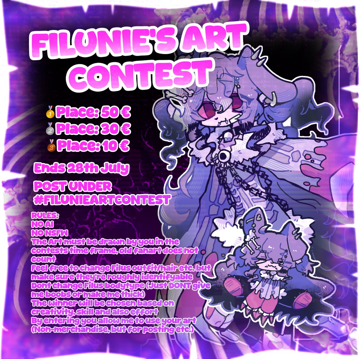 filunie_'s tweet photo. ART CONTEST ANNOUNCEMENT 💜🐰

To celebrate getting monitized im hosting an art contest that will end on the 28th july (my birthday 👀)

Read down below for the prices, rules and more detail! Also more detail for the models in my discord <3 #Vtuber https://t.co/dJpLToIPkd