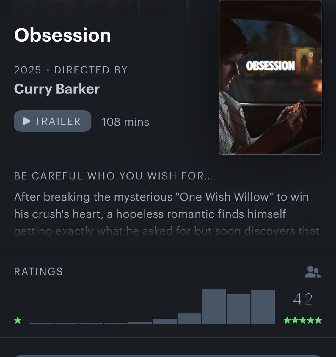 miguelcmateo's tweet photo. With reception like this, combined with an unprecedented increase in box office the second weekend of its wide release, I wouldn’t be surprised if Focus Features start an Oscar campaign for Obsession. And I wouldn’t be mad about it either. Curry Barker is a generational talent. https://t.co/nuj9UKttBR
