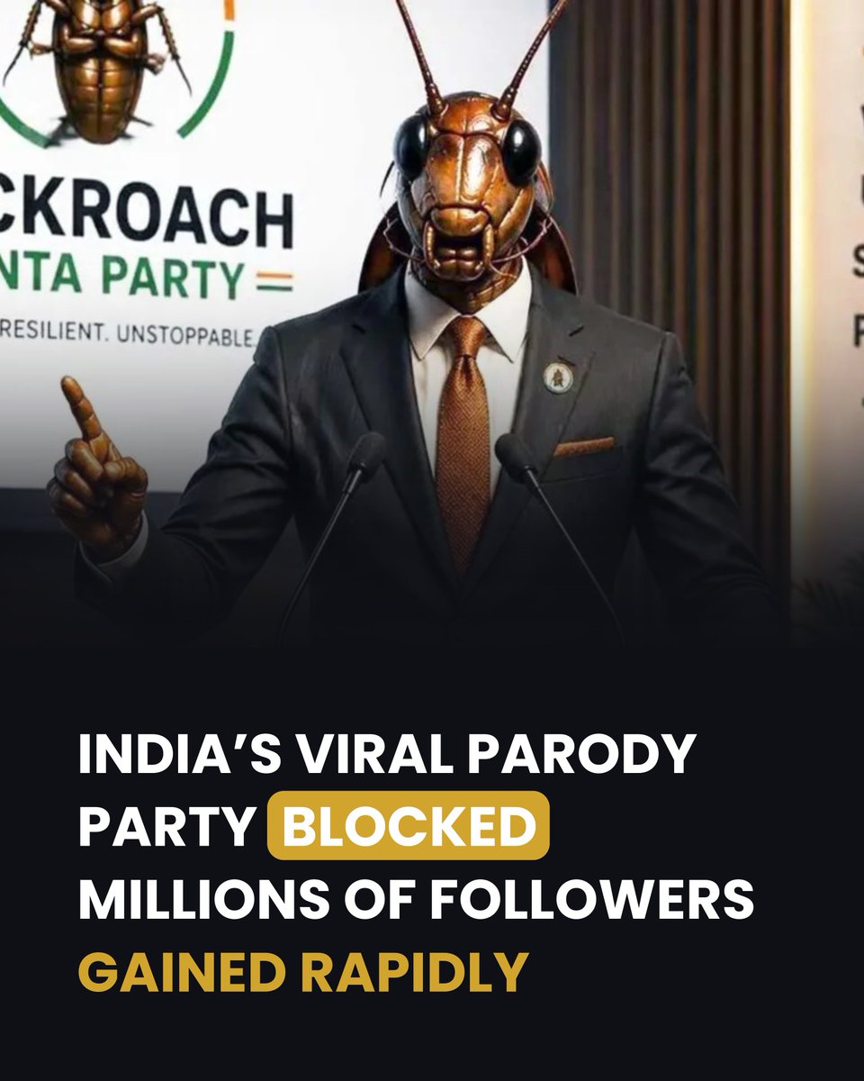 predict_365's tweet photo. India’s parody “Cockroach Janta Party” saw its website blocked after quickly amassing millions of followers with AI-generated content. The satire highlights youth discontent and online mobilization. Will the group bounce back online or face prolonged suppression? Predict the next move.

#india #predict365 #politicalsatire #youthmovements #ai