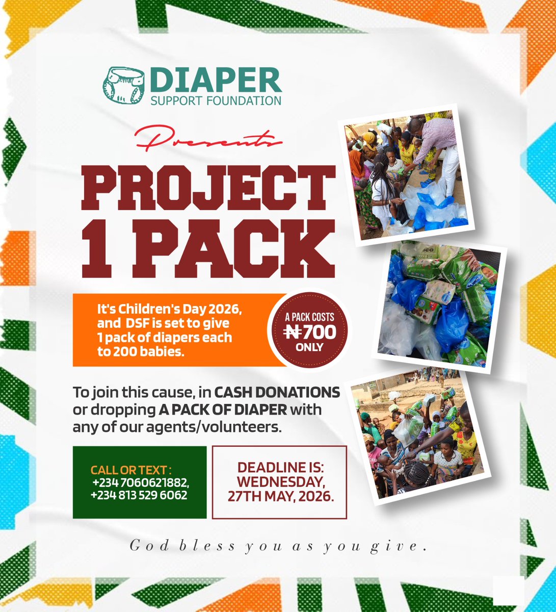 DiaperSupportNG's tweet photo. Children are the future...this is why Diaper Support Foundation is set to keep protecting and helping them.  Project 1 pack is a quick diaper drive we are organising to give 1 pack of 10 diapers to 200 babies each this coming children's day celebration. https://t.co/zN2qeyUa46