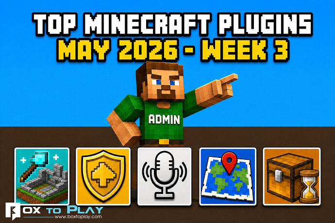 BoxToPlay's tweet photo. Level up your Minecraft server this week ⚙️ From protection and economy to modern chat, discover the top plugins dominating Bukkit/Spigot/Paper in May 2026 👉 https://t.co/ThQ5znCu2j
#Minecraft #Plugins #GameServer #Hosting #BoxToPlay https://t.co/cd9Olr5xDi
