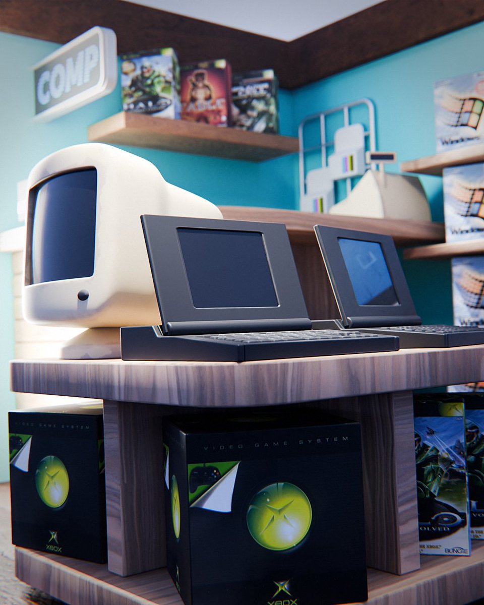 polygonrunway's tweet photo. Oh the smell of the crammed computer store and all the really unreachable expensive laptops back in the day. Window shoping for two hours only to walk away with two blank CD's (I'm not burning movies, you are!)

Download the Blender scene file on Patreon:
https://t.co/J4TjU1TyEm https://t.co/Nw5ui8io2i