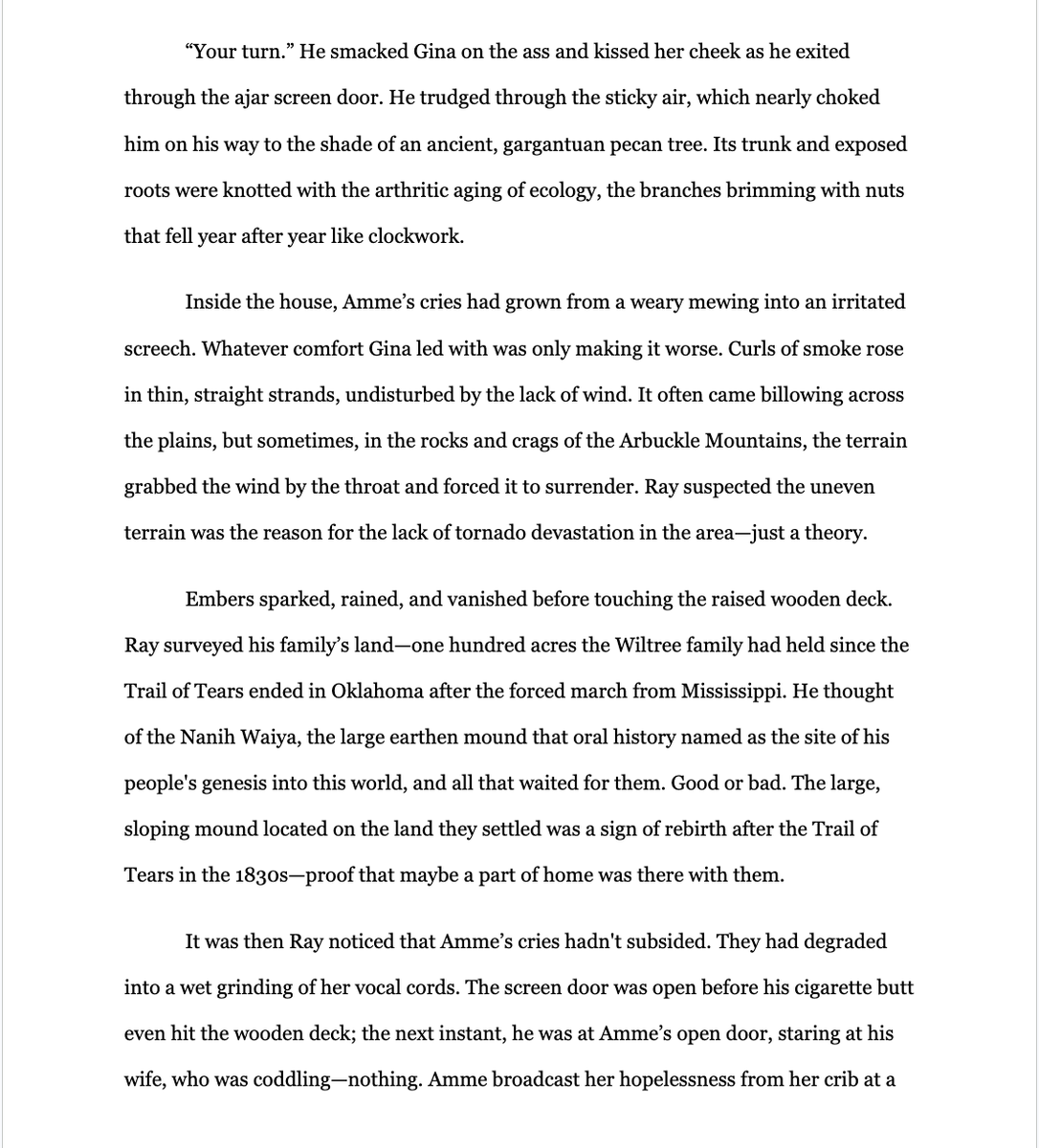_kridgen's tweet photo. I'm writing an #indigenous #domestichorror novel and need some feedback. The rez is a difficult place to find feedback. Attached are the first four pages. 
I'm 1/2 Choctaw, 32, and a father of three. Recovering addict that writes on weekends, evenings. 
Yakoke! 📚🪶 #ownvoices https://t.co/mPhRJnHN6Y