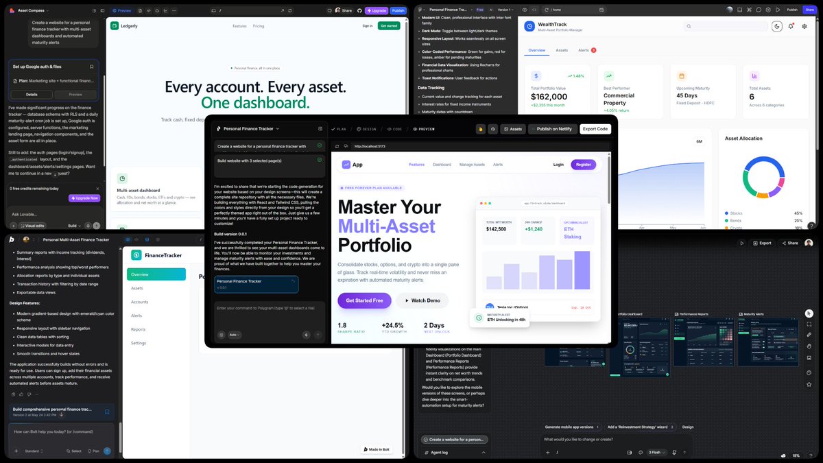 mnnsolanki's tweet photo. I tested the SAME product prompt across 5 major AI-native building platforms:

- @Polygramai 
- @boltdotnew 
- @Lovable 
- @Figma Make
- @stitchbygoogle 

And the biggest difference wasn't AI quality.

It was philosophy.🧵 https://t.co/QbRhGBVIoz