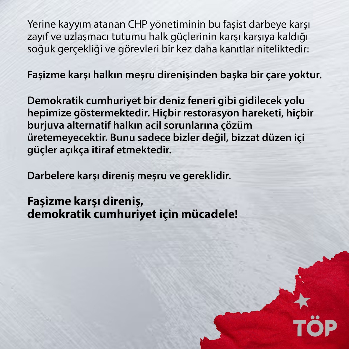 Toplumsal_2026's tweet photo. Yerine kayyım atanan CHP yönetiminin bu faşist darbeye karşı zayıf ve uzlaşmacı tutumu halk güçlerinin karşı karşıya kaldığı soğuk gerçekliği ve görevleri bir kez daha kanıtlar niteliktedir: Faşizme karşı halkın meşru direnişinden başka bir çare yoktur. https://t.co/b6EkhKes3j