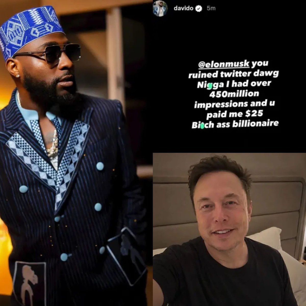 Djbig_fish's tweet photo. It seems like Twitter is using Davido for fun

Davido has expressed strong frustration over how twitter, owned by Elon Musk, is treating him on the platform.

According to the music star, he recorded over 400+ million impressions on the platform, yet the monthly payout he received was just $25. Davido reportedly feels disrespected by what he considers a huge imbalance between the massive engagement he brings and the revenue paid to him.

Many fans have reacted in shock, describing the situation as unbelievable and unfair, especially considering Davido’s global influence and strong presence on social media. The issue has once again sparked conversations about creator monetization and how major platforms reward high-performing accounts. #elonmusk