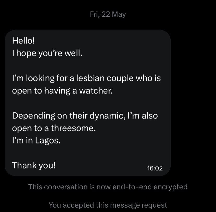 QueerMatchMaker's tweet photo. Location - Lagos
Request - Voyeurism
If you're a LESBIAN COUPLE that is open to being watched by a woman during sex or even hotter, she gets involved, send a dm
#queermatchmaker https://t.co/RdCYV9k4yv