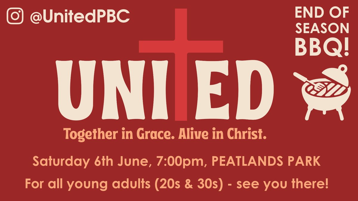 ThomasStBaptist's tweet photo. UNITED - Young Adults - BBQ!
Saturday 6th June, 7:00pm
Join our final UNITED event before the Summer break, held in PEATLANDS PARK! Our end-of-season Barbecue is a great opportunity to make new friends and strengthen relationships! Find out more at https://t.co/VOzVpR18QP https://t.co/vLRhfHSoEV