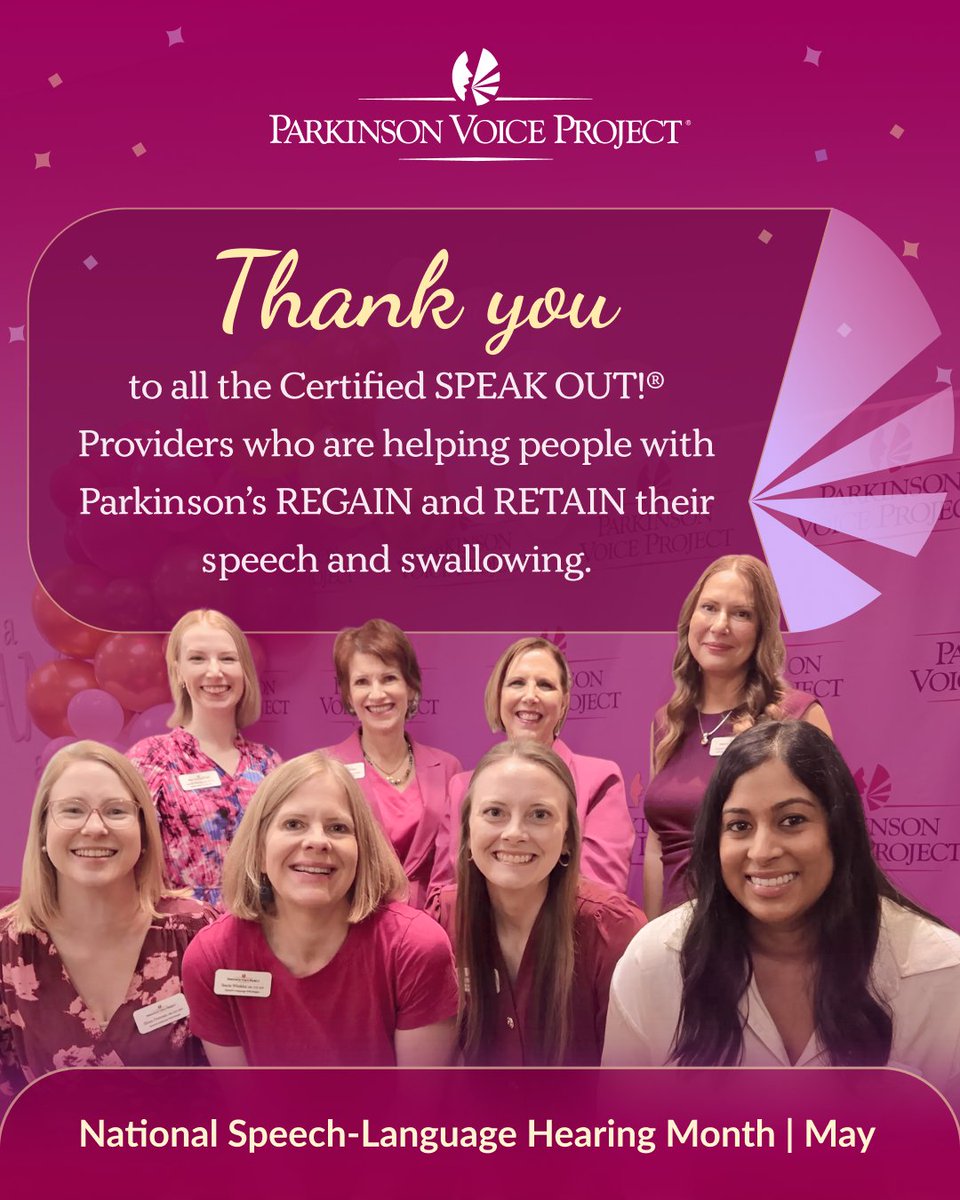 PVP646's tweet photo. National Speech-Language-Hearing Month is a time to celebrate the positive impact these SLPs have in the lives of people with Parkinson’s. 

#ParkinsonVoiceProject #SpeakOUTTherapy #ParkinsonsAwareness #SLPMonth #CommunityImpact https://t.co/YATULHSAKk