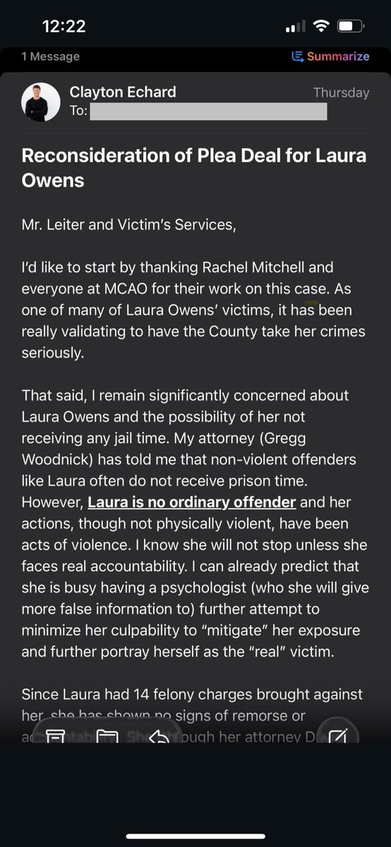 ClaytonsJustice's tweet photo. We applaud @ClaytonEchard for sharing this powerful email sent to the MCAO’s office, urging them to reconsider the plea deal offered to dangerous con-artist #LauraMichelleOwens.

Laura continues to refuse accountability and instead doubles (and triples) down on the severe harm she has caused.

Her victims deserve real justice after having their lives turned upside down by her actions.

@marcoattorney please take Clayton’s email seriously. Laura WILL. NOT. STOP. 

#JusticeForClayton 
#JusticeForMike
#JusticeForGreg
#JusticeForAllVictimsOfLauraMichelleOwens