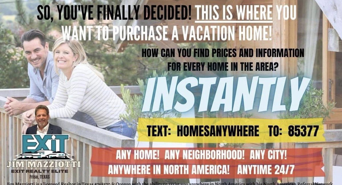 MAZZINTEXAS's tweet photo. I bet you’ve NEVER texted your way to INSTANT real estate information! Try it today. Fast! FREE! Just text: HomesAnywhere To: 85377! https://t.co/0PSdjLuMhS
