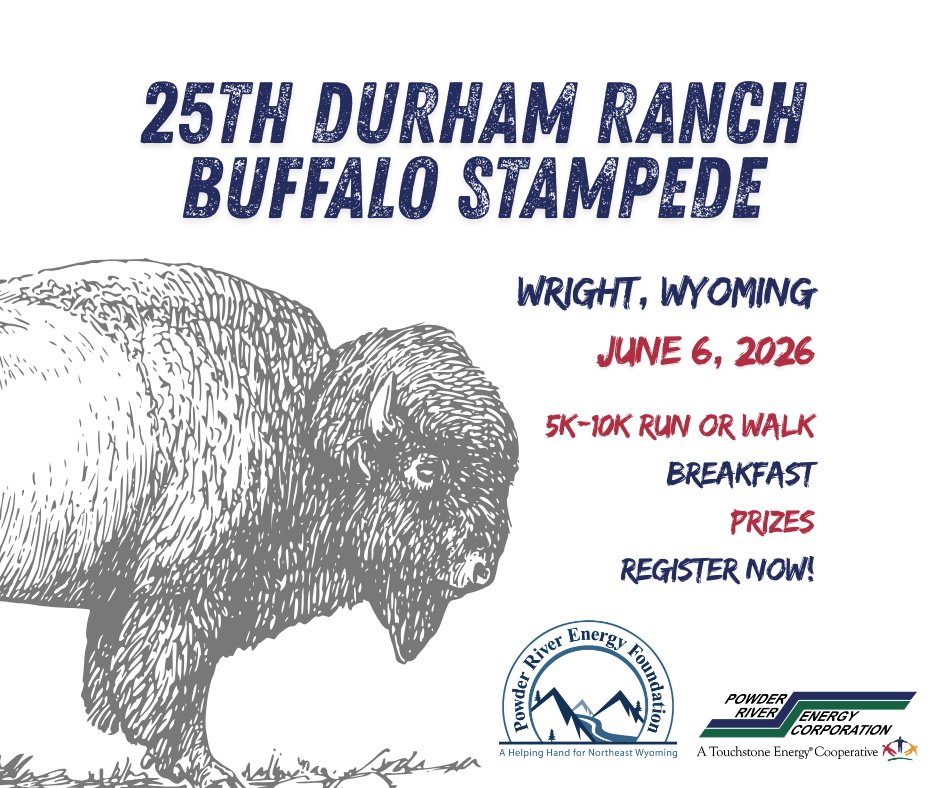 PRECorp's tweet photo. The Buffalo Stampede returns June 6! Join us near Wright for a 5K, 10K, or NEW kid’s 1K benefiting the Powder River Energy Foundation. Breakfast burritos, prizes &amp; buffalo chip throwing included! 🎽 Pre-register by May 29. Learn more at https://t.co/gQVZyOFJKi https://t.co/Wm3CGo74uP