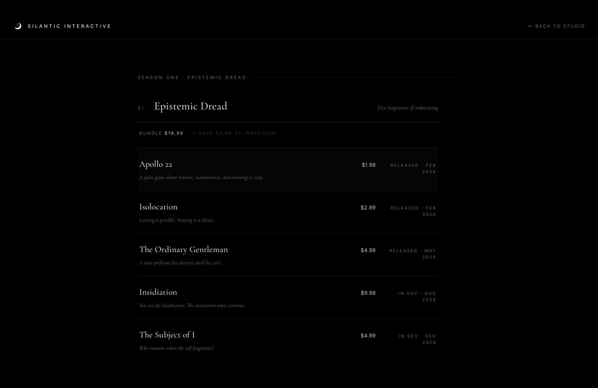 Silantic's tweet photo. The Continuation Cycle is the spine of Silantic Interactive: eleven games, three seasons, one cycle.

Apollo 22, Isolocation, and The Ordinary Gentleman are the first three with more coming very soon. 

Follow for more soon.

https://t.co/QoeyZxzABw 

#gamedev #indiegames #interactivefiction