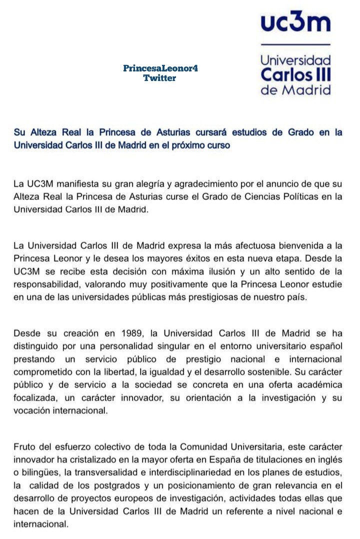 PrincesaLeonor4's tweet photo. La Universidad Carlos III de Madrid publicó un comunicado agradeciendo a la Princesa Leonor, que cursará sus estudios universitarios en esta institución.
#PrincesaLeonor #PrincessLeonor https://t.co/4ZOt6TrRHl