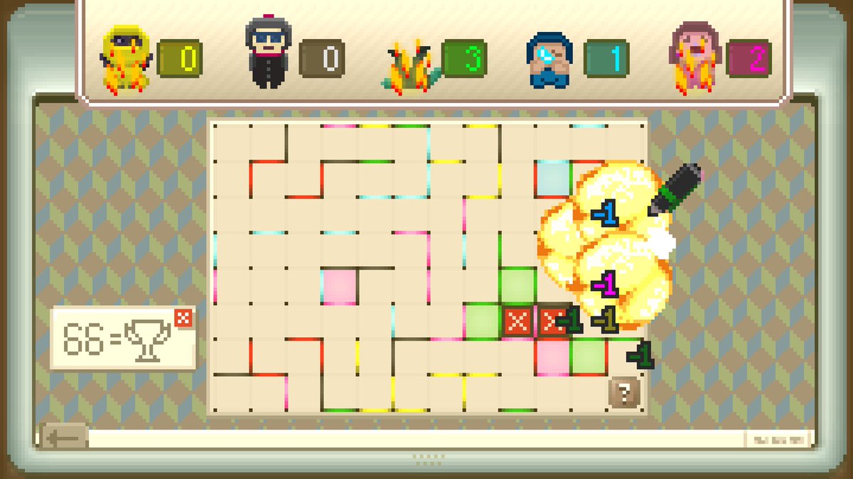 uv_bean's tweet photo. @ElvGames Wishlist: https://t.co/0zCYpXcGwk
This is my solo project. A dots and boxes game with items and some extra craziness.
Up to 5 players local. very cozy and family friendly. 
Puzzle mode is coming soon! https://t.co/PMpTgBC8dV