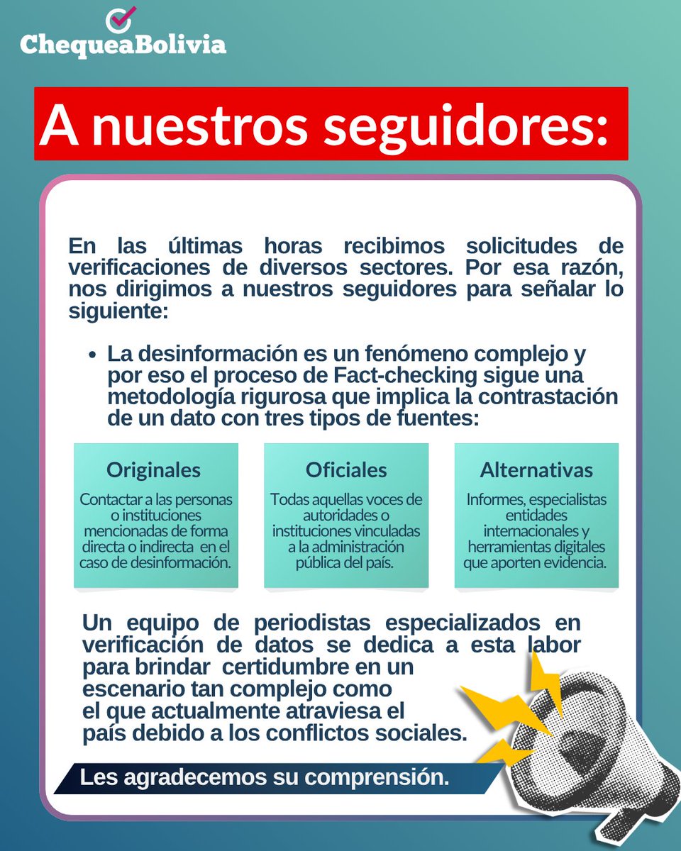 ChequeaBolivia's tweet photo. 📌Como equipo de #ChequeaBolivia nos dirigimos a nuestros seguidores: https://t.co/eyXU9CucXL