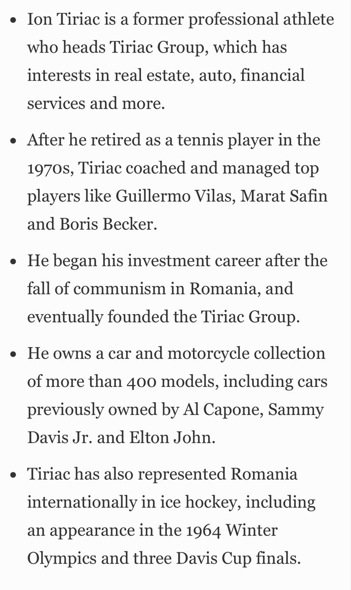 TrungTPhan's tweet photo. Forbes released its latest Billionaire Athletes list.

Found out about Ion Tiriac. Did a quick read and he might have the craziest sports-to-banking magnate story ever:

▫️in 1960s, played on Romania’s Olympic ice hockey team
▫️then became top 10 men’s tennis player 
▫️retired and managed top tennis players in 1980s (eg. Boris Becker)
▫️became TV star in West Germany and endorsed Western brands like Miller Lite
▫️when Communism collapsed in Romania, Tiriac brought his business know-how and Western connections back home
▫️in 1990, he founded the first private bank in post-Communist Romania (Ion Tiriac Bank)
▫️his fame allowed him to raise funds from thousands of local citizens and get support from European reconstruction funds
▫️expanded empire into insurance, auto and retailing 
▫️sold final 45% stake in bank to Italy’s UniCredit for €700 million (he first started selling stake in 2005)

The 87-year old also had some glorious nicknames: “The Brașov Bulldozer” (his style of tennis play and city he was born) and “The Count” (Romanian heritage and baller moustache).