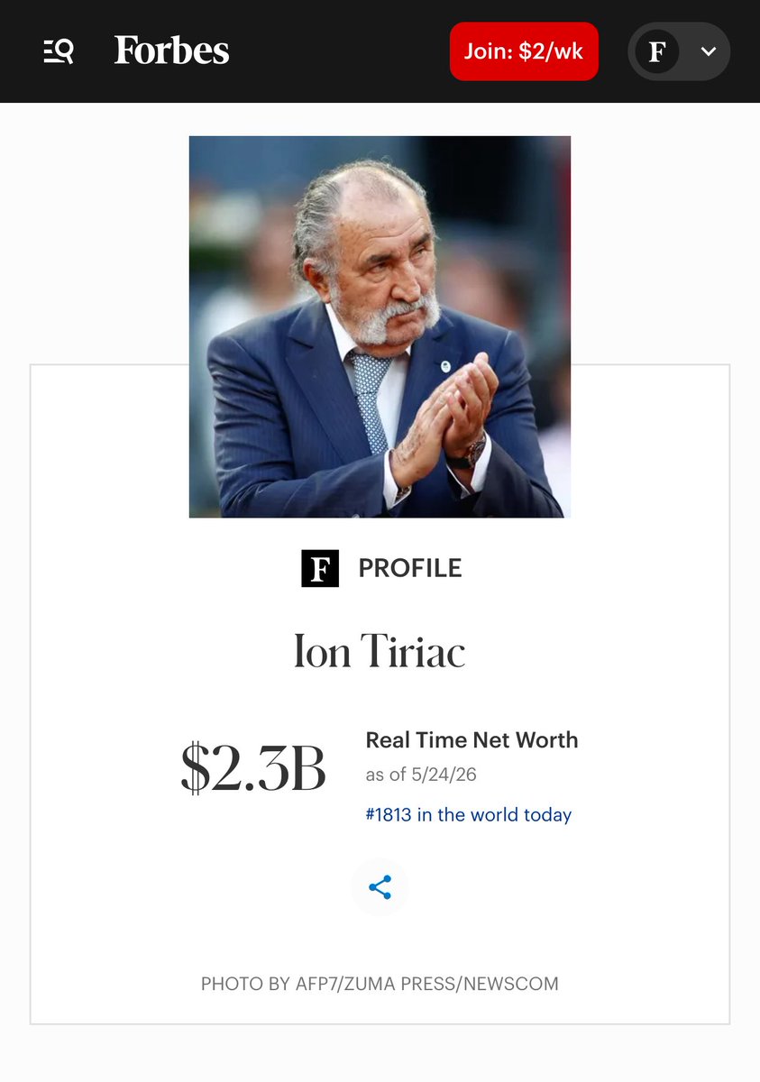 TrungTPhan's tweet photo. Forbes released its latest Billionaire Athletes list.

Found out about Ion Tiriac. Did a quick read and he might have the craziest sports-to-banking magnate story ever:

▫️in 1960s, played on Romania’s Olympic ice hockey team
▫️then became top 10 men’s tennis player 
▫️retired and managed top tennis players in 1980s (eg. Boris Becker)
▫️became TV star in West Germany and endorsed Western brands like Miller Lite
▫️when Communism collapsed in Romania, Tiriac brought his business know-how and Western connections back home
▫️in 1990, he founded the first private bank in post-Communist Romania (Ion Tiriac Bank)
▫️his fame allowed him to raise funds from thousands of local citizens and get support from European reconstruction funds
▫️expanded empire into insurance, auto and retailing 
▫️sold final 45% stake in bank to Italy’s UniCredit for €700 million (he first started selling stake in 2005)

The 87-year old also had some glorious nicknames: “The Brașov Bulldozer” (his style of tennis play and city he was born) and “The Count” (Romanian heritage and baller moustache).