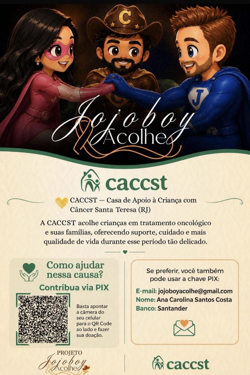 hollycoments's tweet photo. Solidariedade que atravessa fronteiras! 🌎❤️

Vamos fazer o BEM?
O @jojoboyacolhe  está realizando um trabalho lindo apoiando a @CACCST , casa que oferece suporte as crianças em tratamento ao câncer. Quero convidar você a fazer parte disso: doe R$ 5,00 via PIX para o @jojoboyacolhe e, como forma de agradecimento, vou realizar o sorteio de um MEGA presente de Nova York! 😍🗽🇺🇸

Para participar é muito importante ficar atento: o sorteio será realizado exclusivamente com as pessoas que enviarem o print do comprovante aqui nos comentários deste post.
Assim que você postar a foto do comprovante, sua participação estará confirmada! Conto com o coração de vocês para espalharmos essa corrente de amor! ✨
